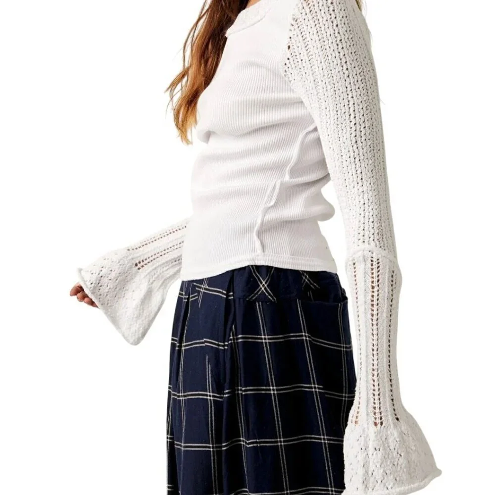 Free People Cuffing Season Round Neck Long Sleeve Top Crochet Detail Size S